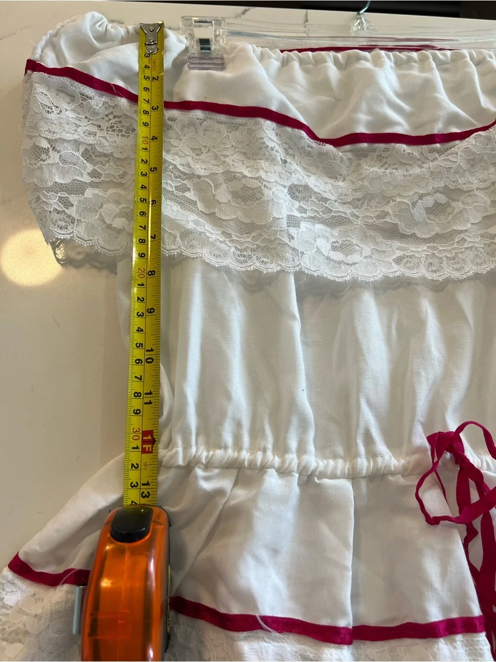 White Off-Shoulder Kids Dress with Red Trim and Floral Embroidery